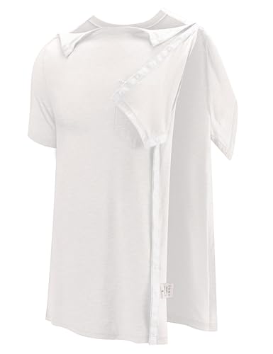 Men's Post Shoulder Surgery Shirts Recovery Tear Away Short Sleeve Full Open Side Snap Dialysis Chemo Clothing