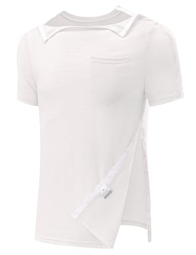 Men's Post Shoulder Surgery Shirts Recovery Tear Away Short Sleeve Full Open Side Snap Dialysis Chemo Clothing