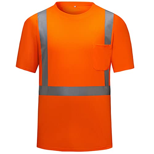 High Visibility Shirts Quick Dry Safety T Shirts with Reflective Strips and Pocket Short Sleeve Mesh Hi Vis Construction Work Class 2 Shirt for Men