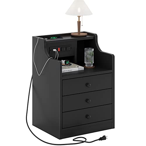 Black Nightstand with Charging Station & Drawers