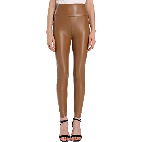 Faux Leather Leggings for Women High Waisted Stretch Leather Pants Tummy Control Brown