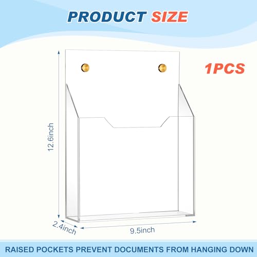 1 Pack 12.6"x9.5"x2.4" Clear Acrylic Wall File Holder Organizer Wall Mount Magazine Document Brochure Mail Pocket Durable File Storage with 3 Colors Screw Cap for Office Home Waiting Room Use