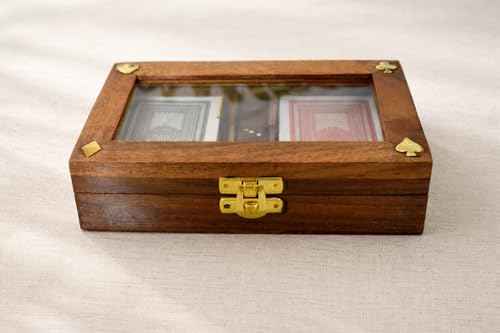 Playing Cards Set of 2 in Handmade Wooden Storage Box Case Holder with 5 Dice in Antique Design Anniversary Birthday Gifts "Made in India"