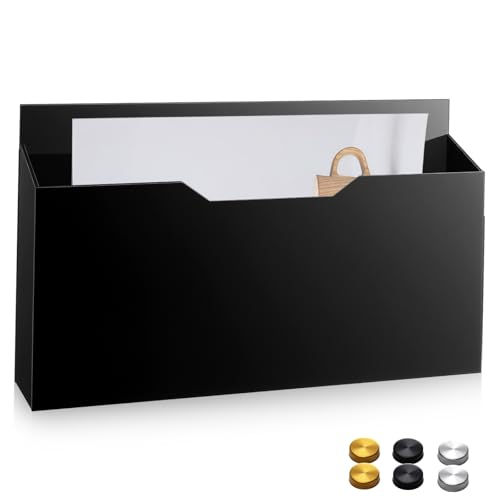 1 Pack 14"x8.3"x2.4" Black Acrylic Wall File Holder Organizer Wall Mount Magazine Document Brochure Mail Pocket Durable File Storage with 3 Colors Screw Cap for Office Home Waiting Room Use