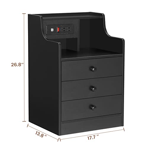 Black Nightstand with Charging Station & Drawers