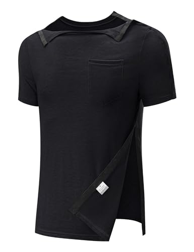 Men Shoulder Surgery Shirt for Rehab Snap Men Chemo Shirts Chemotherapy Clothing Post Arm Broken Recovery Rotator Cuff Adaptive Clothes Black