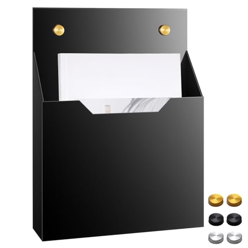 1 Pack 12.6"x9.5"x2.4" Black Acrylic Wall File Holder Organizer Wall Mount Magazine Document Brochure Mail Pocket Durable File Storage with 3 Colors Screw Cap for Office Home Waiting Room Use