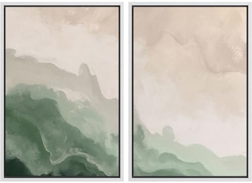 Framed Canvas Print Wall Art Soft Green and Beige Abstract Calming Watercolor Landscape Illustrations Modern Art Decorative Bohemian Chic for Living Room