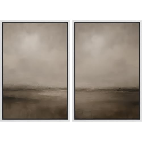 Framed Canvas Print Wall Art Abstract Brown and Taupe Modern Minimalist Misty Landscape Illustrations Modern Art Decorative Bohemian for Living Room