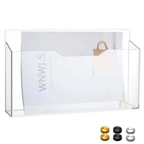 1 Pack 14"x8.3"x2.4" Clear Acrylic Wall File Holder Organizer Wall Mount Magazine Document Brochure Mail Pocket Durable File Storage with 3 Colors Screw Cap for Office Home Waiting Room Use