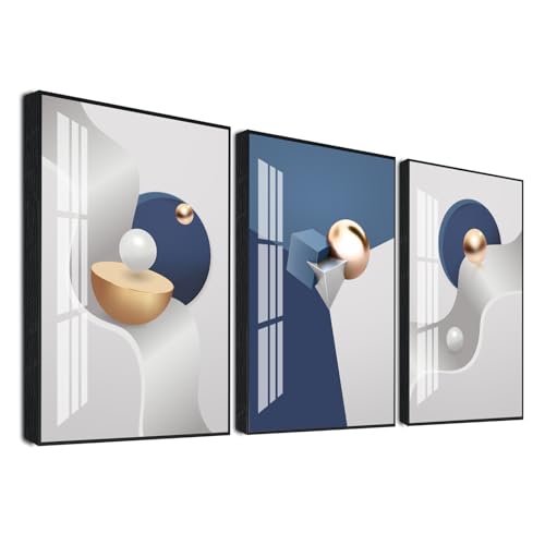 3Pcs Modern Blue Gray Geometric Abstract Framed Canvas Wall Art Decor (3 Count)