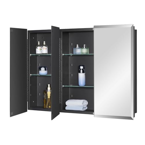 Black Bathroom Medicine Cabinet with Beveled Edge Mirrored Door 36 x 26 inch