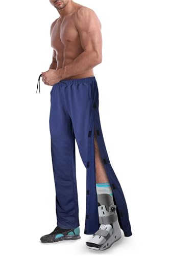 Men's Tearaway Pants for Post Surgery 2 Side Snap Breakaway Open Bottom Sweatpants Women Loose Fit Rip Off Post Surgery Cotton Pants Navy M