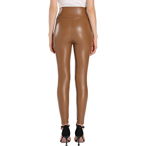 Faux Leather Leggings for Women High Waisted Stretch Leather Pants Tummy Control Brown