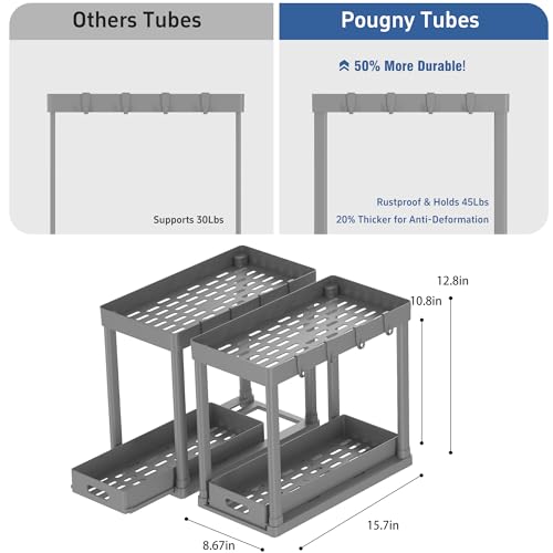 2PC Under Sink Organizer Rack 2 Tier Under Sliding Cabinet Basket Organizer Drawer with 4 Hooks (2 Count)