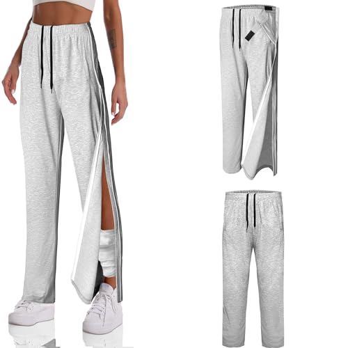 Unisex Tearaway Pants with 2 Side Zippers Snaps for Post Surgery Men Breakaway Pant Full Open Down Cotton Rip Off Sweatpants for Hip Replacement Light Grey XL