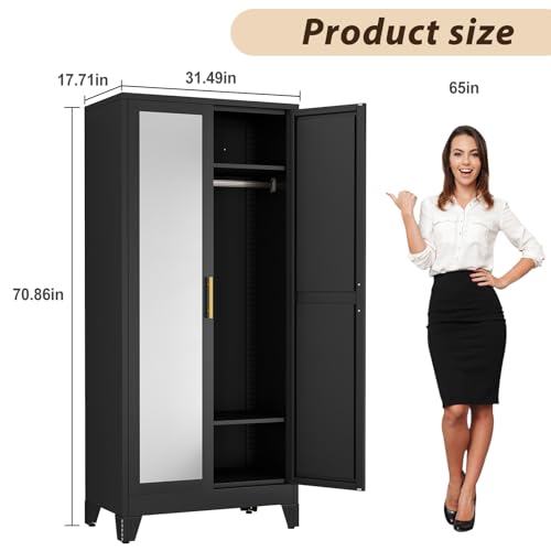 Metal Wardrobe Storage Cabinet with Mirror and Hanging Rod