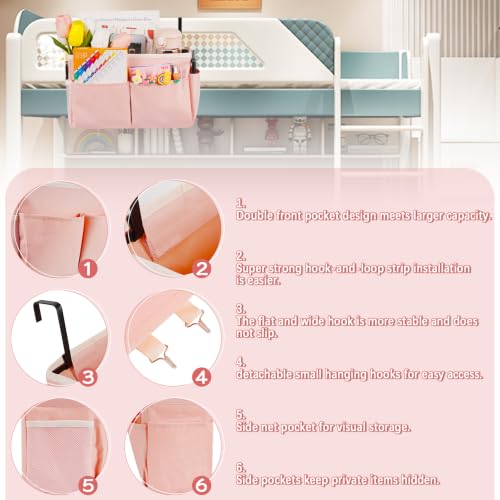 Bedside Caddy Organizer 5 Pockets 4 Hooks Bunk Bed 2Pack Pink (2 Count)