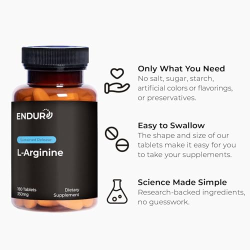ENDUR - L-Arginine - 350 mg - Blood Flow & Heart Function Support - High-Potency - Supports Nitric Oxide Production for Overall Blood Flow & Vascular Health - 180 Tablets (180 Count)