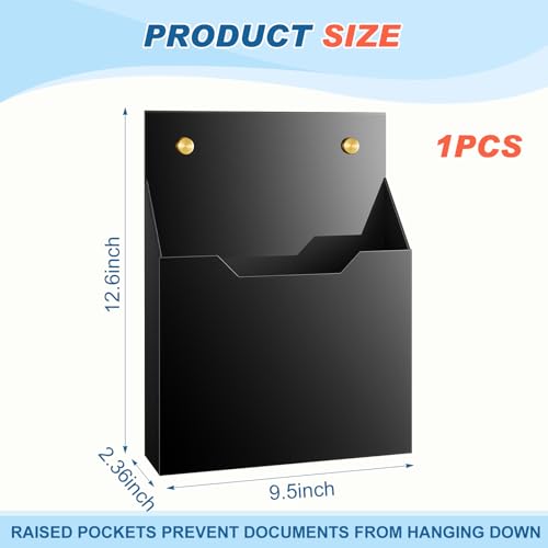 1 Pack 12.6"x9.5"x2.4" Black Acrylic Wall File Holder Organizer Wall Mount Magazine Document Brochure Mail Pocket Durable File Storage with 3 Colors Screw Cap for Office Home Waiting Room Use
