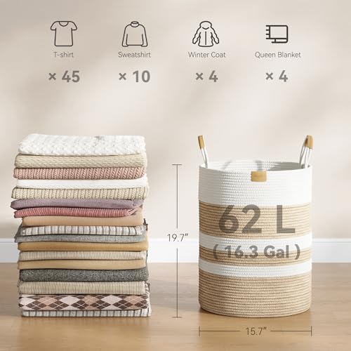 62L Striped Laundry Hamper with Leather Handles