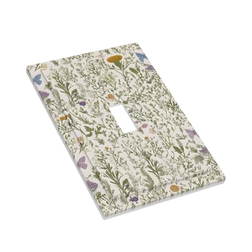 Floral Vintage Garden Plants Herbs Flowers Botanical Single Toggle Light Switch Covers Decorative Mustard Green 1 Gang Wall Plate Electrical Dimmer Switchplate Faceplate for Country Home Decor