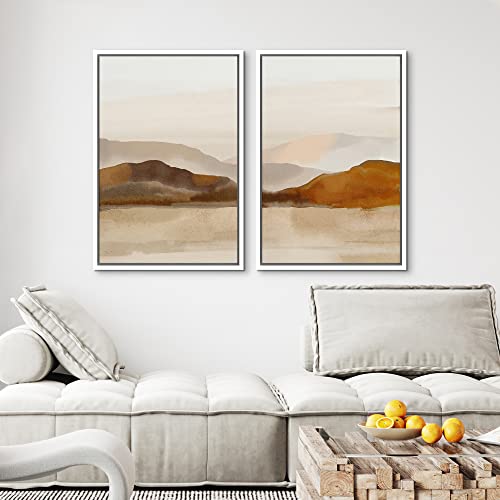 Framed Canvas Print Wall Art Pastel Brown Mountain Range Ocean Lake Wilderness Nature Illustrations Modern Art Decorative Calm (2 Count)