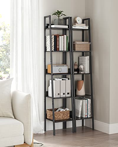 Bookshelf, 5-Tier Narrow Book Shelf, 11.8 x 13.3 x 66.9 Inches, Ladder Shelf for Home Office, Living Room, Bedroom, Kitchen, Ebony Black and Ink Black ULLS109B56