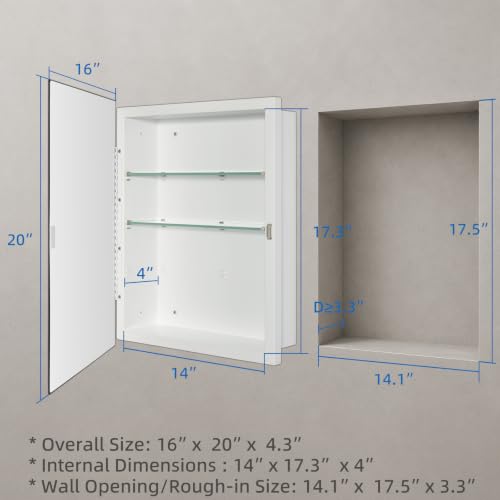 Bathroom Medicine Cabinet with Beveled Edge Mirrored Door 16 x 20 inch