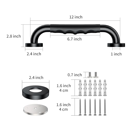 12 Inch Black Bathroom Shower Grab Bar with Anti Slip Rubber Grip
