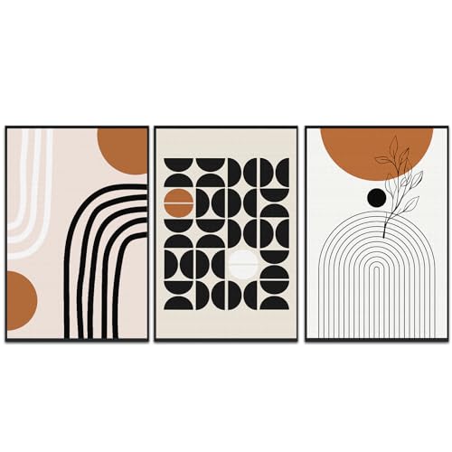 3Pcs Black Brown Boho Abstract Geometric Line Framed Canvas Wall Art (3 Count)