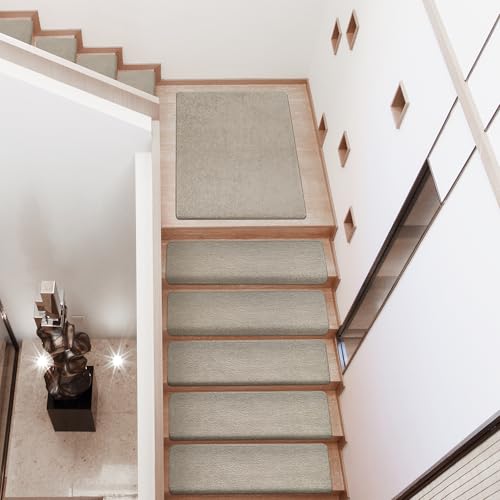 Bullnose Carpet Stair Treads Ultra Plush Cream Gray 7 Pcs (16.6 Sq Ft)