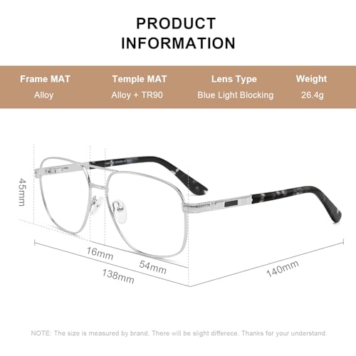 Reading Glasses for Men Square Double Bridge Light Blocking Computer Readers Spring Hinge Metal Frame Acetate Legs