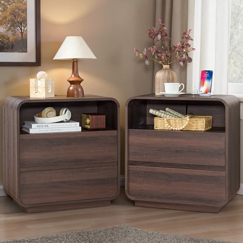 Walnut Curved Nightstand Set of 2 with Charging Station