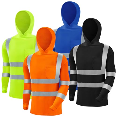 4 Pcs Reflective Safety T Shirt High Visibility Work Shirts with Hood Sun Protection Construction (4 Count)
