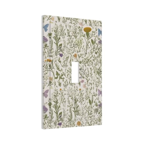 Floral Vintage Garden Plants Herbs Flowers Botanical Single Toggle Light Switch Covers Decorative Mustard Green 1 Gang Wall Plate Electrical Dimmer Switchplate Faceplate for Country Home Decor