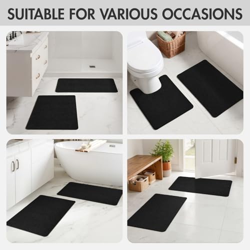 Set of 2 U Shaped Toilet Bathroom Rug and Mat Black 17"x27"+20"x24"
