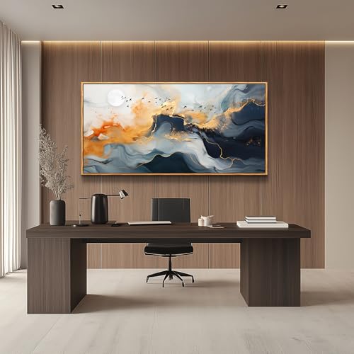 Framed Wall Art Abstract Large Canvas Picture Marble Fluid Art with Gold Foil Moon & Bird Design Home Decor for Living Room Bedroom Hotel Office Wall Decorative Artwork Ready to Hang 24x48
