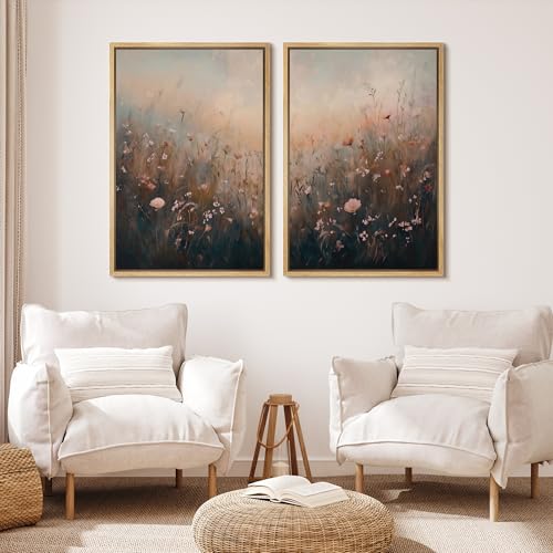 Framed Canvas Print Wall Art Forest and Lake Landscape Vintage Nature Scenery Illustrations Modern Art Decorative Bohemian Chic for Living Room (2 Count)