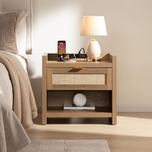Rattan Night Stand Bedside Table with Large Drawer & Open Shelf