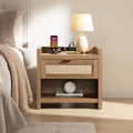 Rattan Night Stand Bedside Table with Large Drawer & Open Shelf