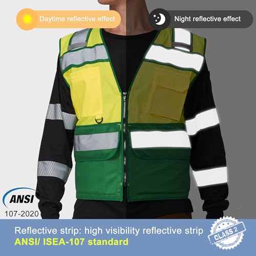 Yellow Green Reflective Vest 9 Pockets Mesh Back ID Pocket XL