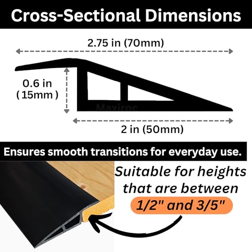 1/2" to 3/5" Height Threshold Ramp - Rubber Threshold, Floor Transition Strip, Wheelchair Ramp, Door Strip, Carpet to Tile Strip (Black, 80 inches) (6.6667 Foot)