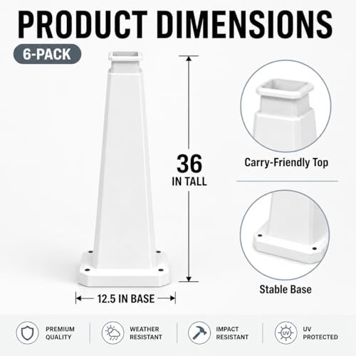 6 Pack 36" Bright White Traffic Safety Cones with Weighted Base
