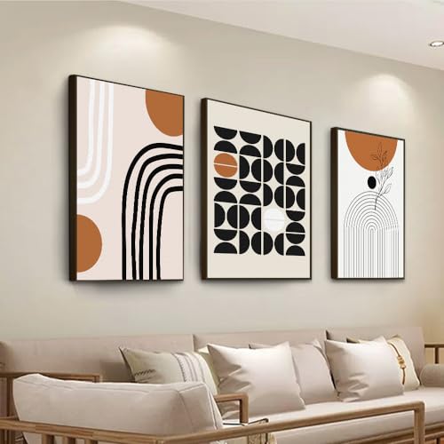 3Pcs Black Brown Boho Abstract Geometric Line Framed Canvas Wall Art (3 Count)
