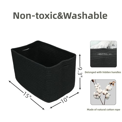 Woven Cotton Rope Storage Baskets 15x10x9.3" 3 Pack Black