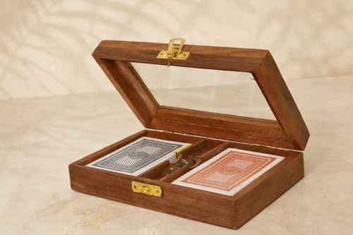 Playing Cards Set of 2 in Handmade Wooden Storage Box Case Holder with 5 Dice in Antique Design Anniversary Birthday Gifts "Made in India"