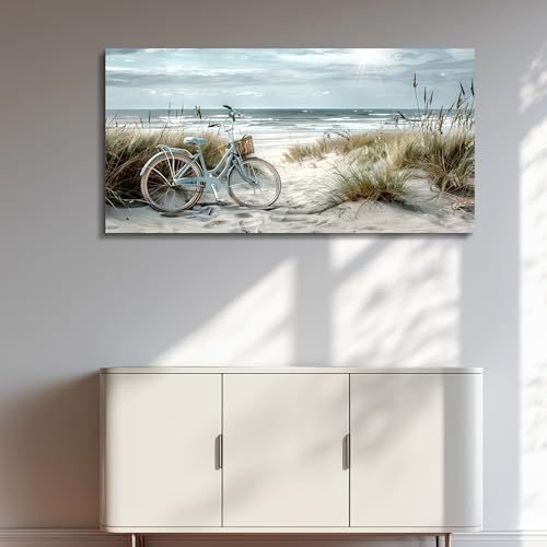 Wall Art For Living Room Canvas Decor For Bedroom Modern Office Decorations Blue Beach Bicycle Seascape Paintings Ocean Landscape Pictures Artwork Ready To Hang Home Decor