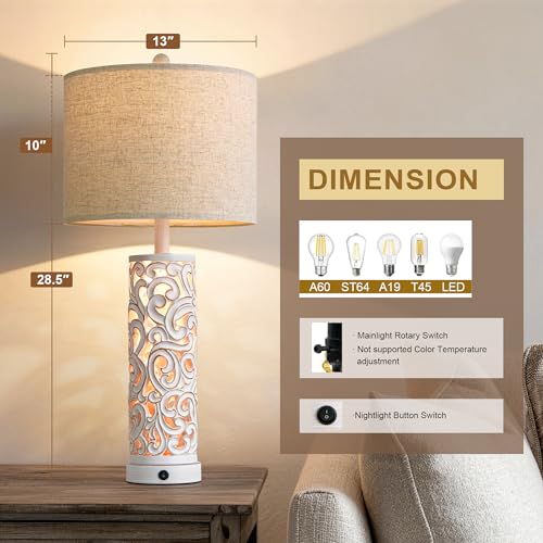 2-in-1 Light Table Lamp Set of 2 for Living Room, 28.5" Farmhouse Bedside Lamps with USB Charging Port, Main&Night Light & Dual Switches, Nightstand Lamp for Bedroom Home Office(Bulb Included)