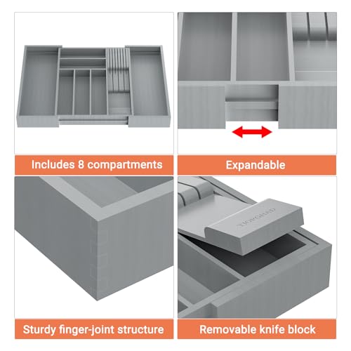 Expandable Bamboo Silverware Drawer Organizer Kitchen Tray